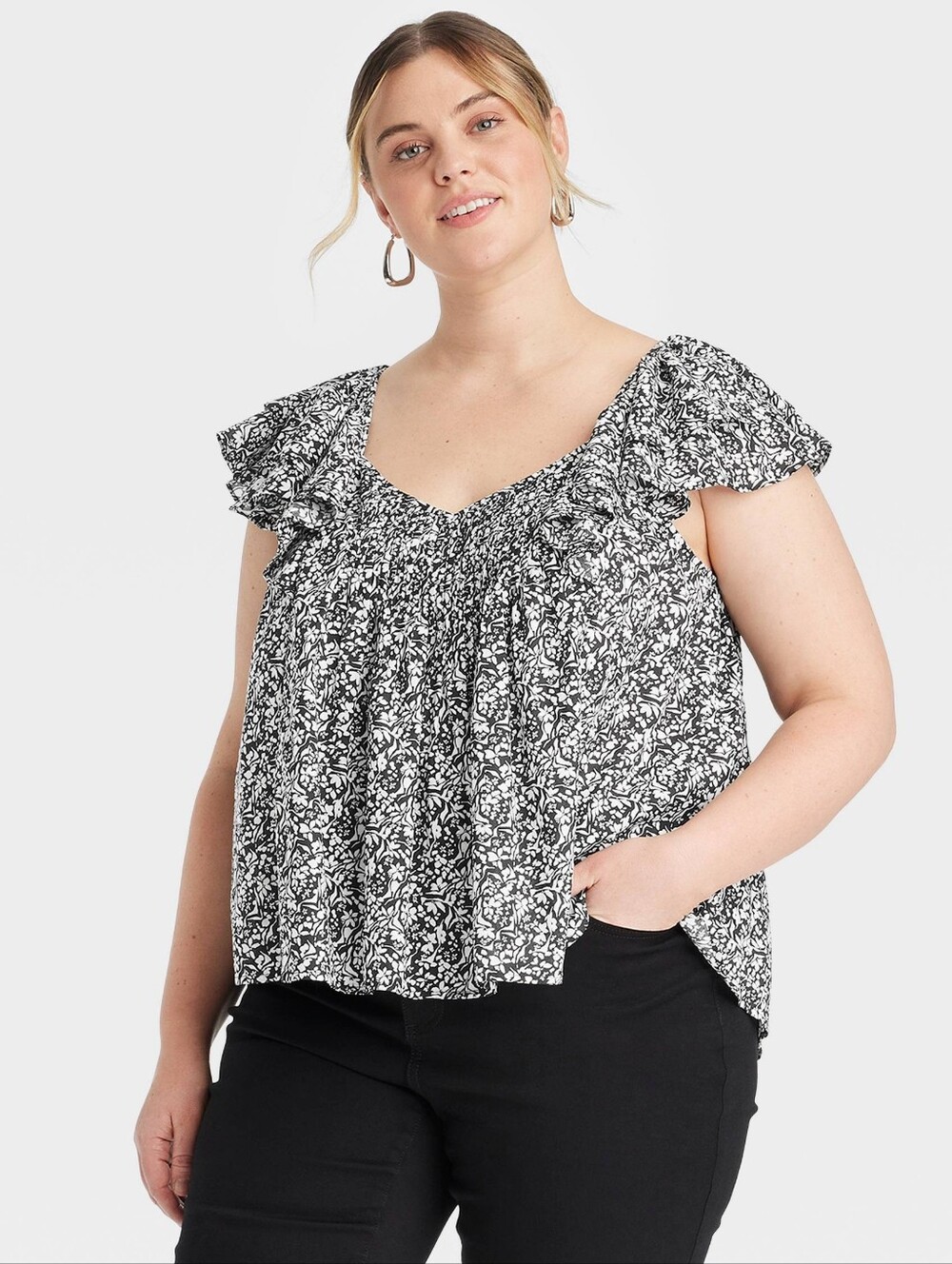 NWT Universal Thread 100% Cotton Ruffle Short Sleeve Blouse Floral Size XXL